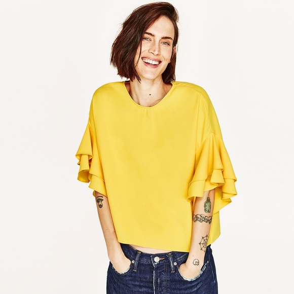 yellow ruffle sleeve top